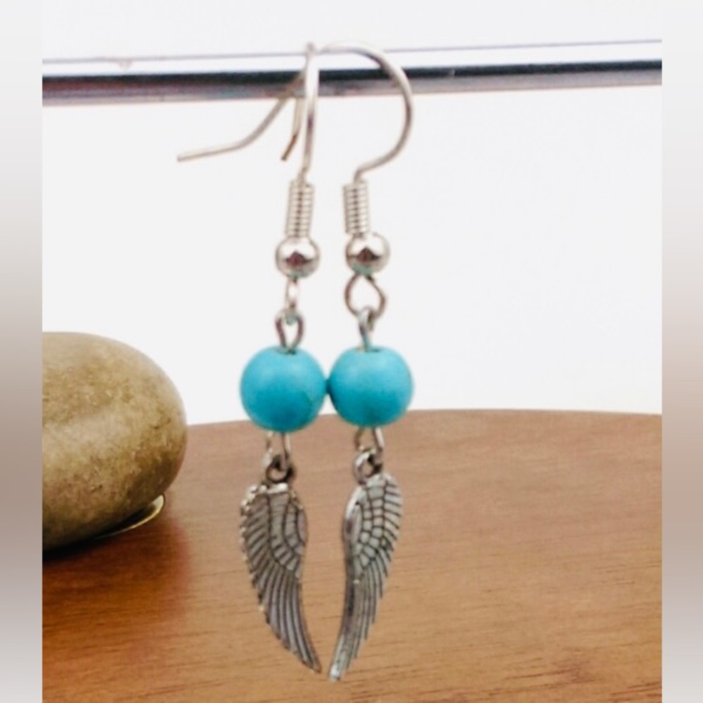 Turquoise and Silver Wing Charm Earrings